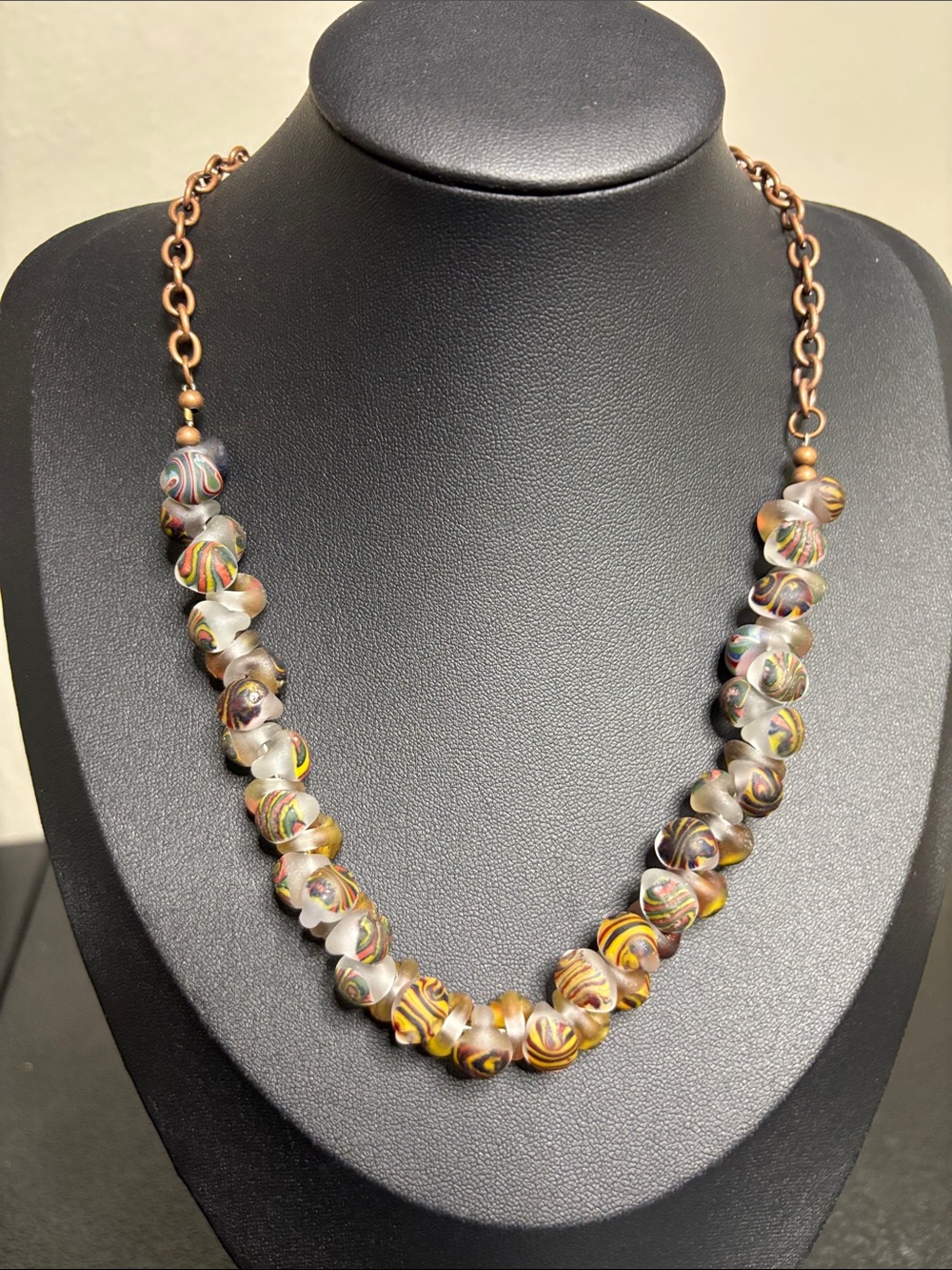Handcrafted Multicolor Swirl Frost Glass Bead Necklace Copper Chain Unique